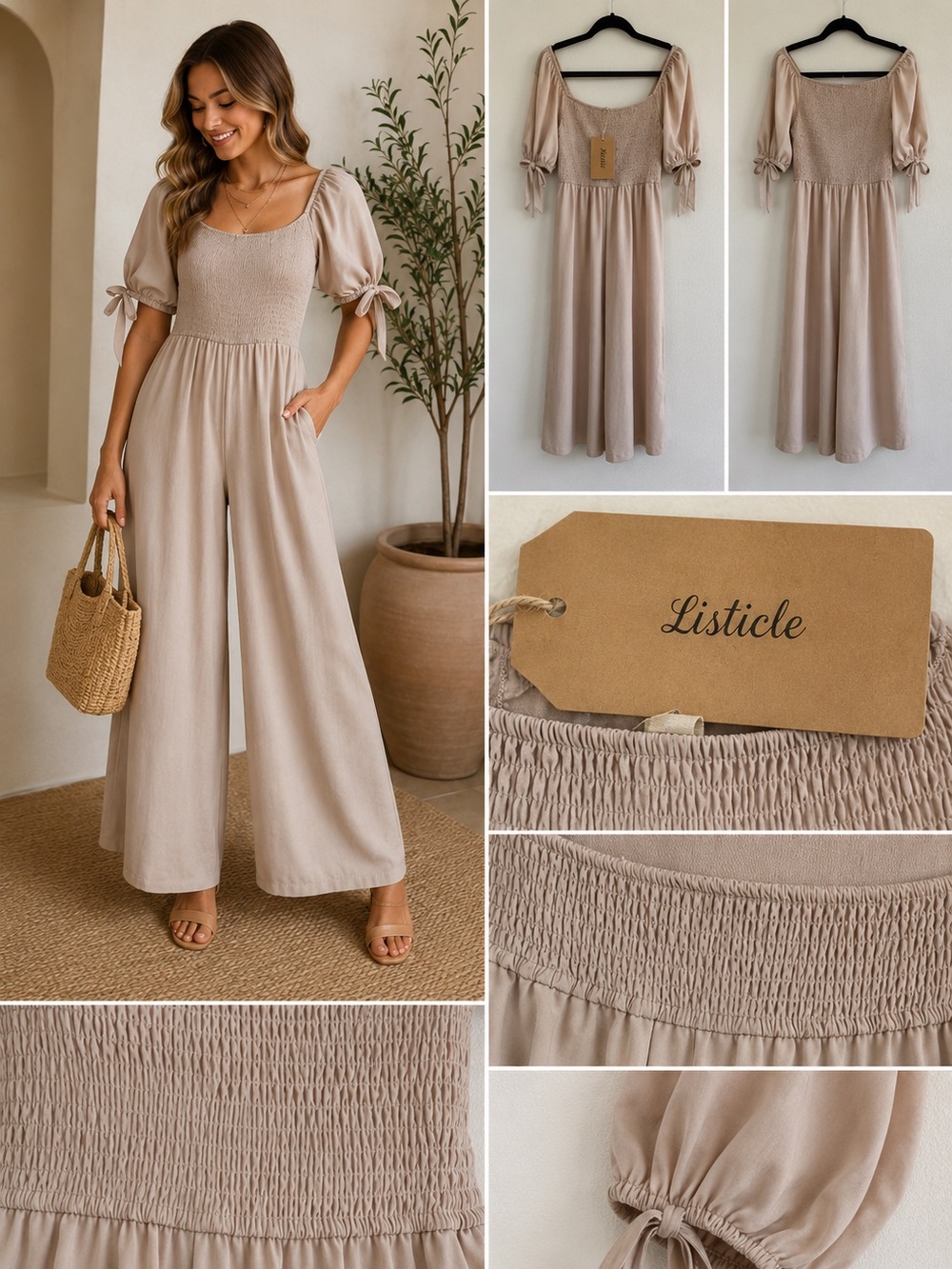 Listicle Taupe Smocked Wide-Leg Jumpsuit with Puff Sleeves
